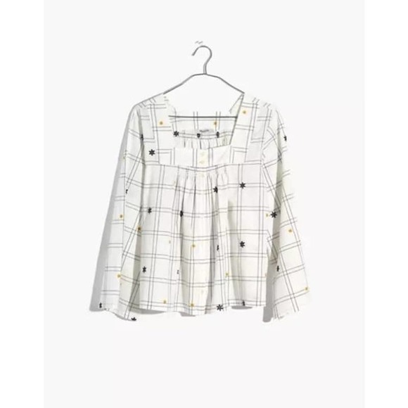 MADEWELL Windowpane Embroidered Boho Square Neck Button Down Blouse SMALL - Picture 2 of 9